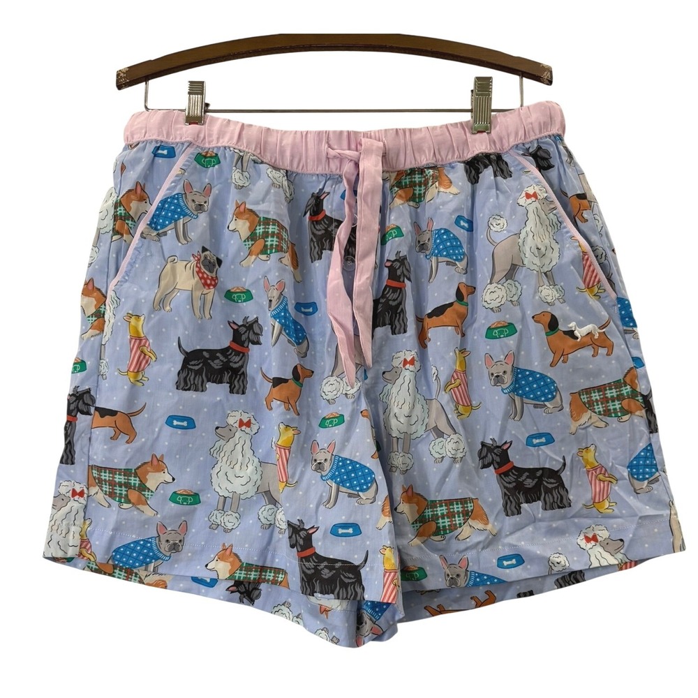 Peter Alexander Dog Print Pajama Shorts Blue 100% Cotton Women Large NWT